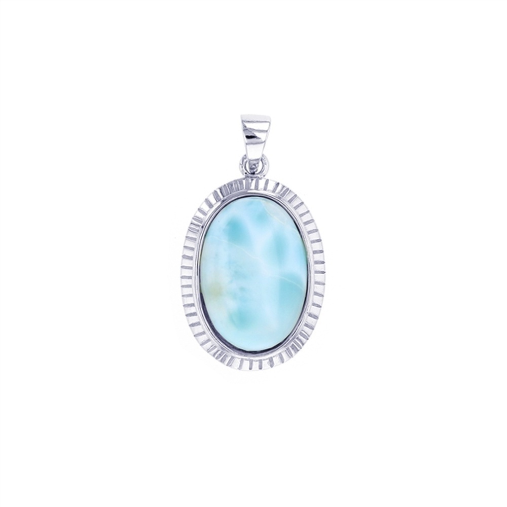 925 Sterling Silver Larimar Oval Ribbed Frame Pendant 5.8 gm